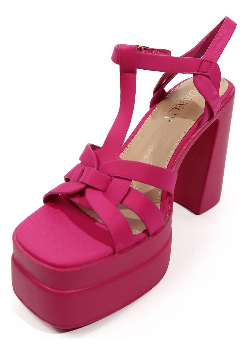 Sandalias Con Taco Abiertas Fucsia De Tres Tiras-3