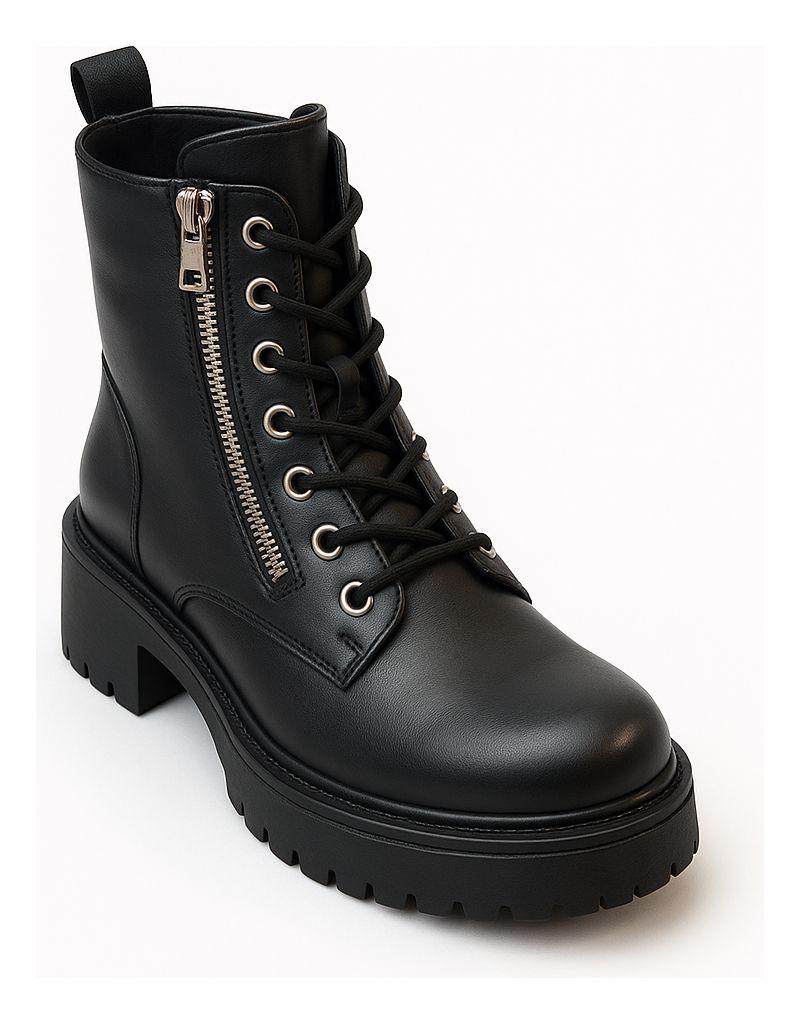 Botín Bota De Mujer Negra Casual Cremallera Y Cordones-0