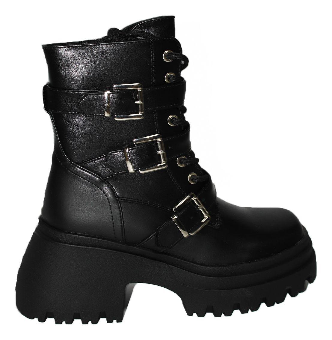 Botines Negro De Tres Hebillas Y Cordones En Cuero-0