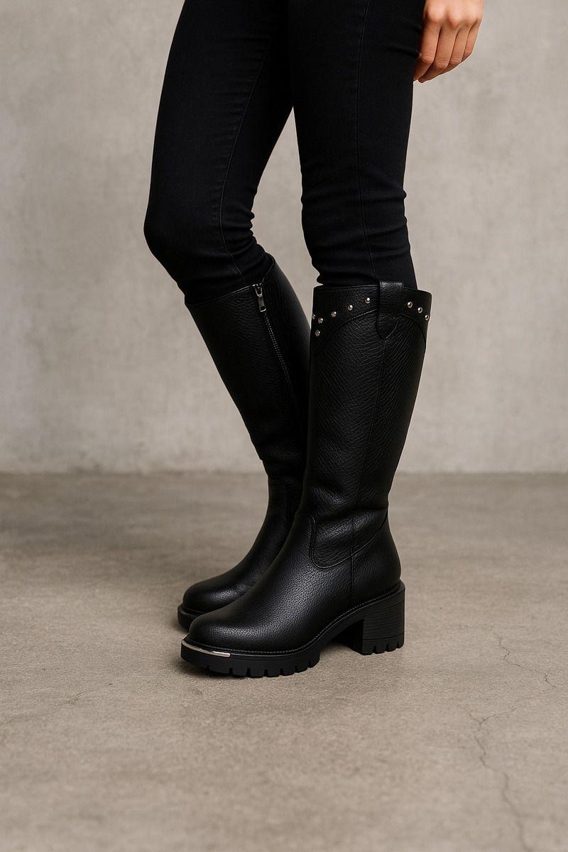 Bota Larga Mujer Casual Eco Cuero Moda Clásico Con Apliques-1