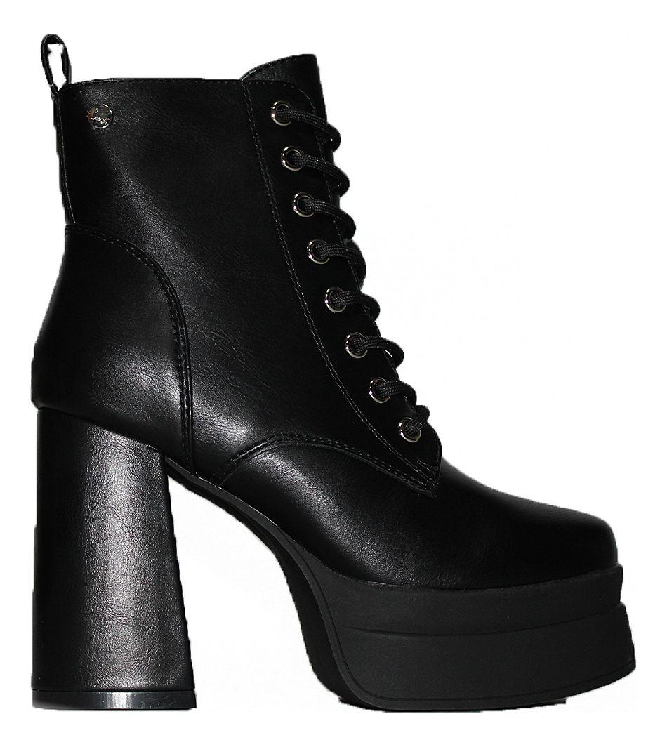 Botín Con Taco Alto Negro De Cordones Y Pequeño Aplique-0