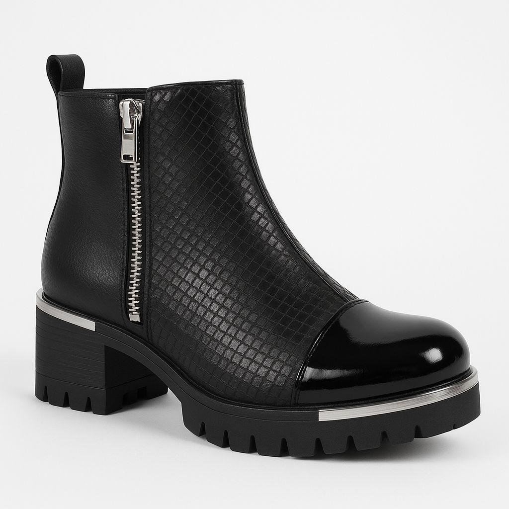Botín Negro Mujer Acabado Charol + Textura Reptil-0