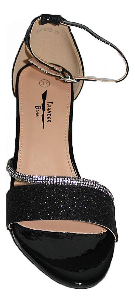 Sandalia Negra Brillosa Taco Bajo Elegante Mujer Con Brillos-2