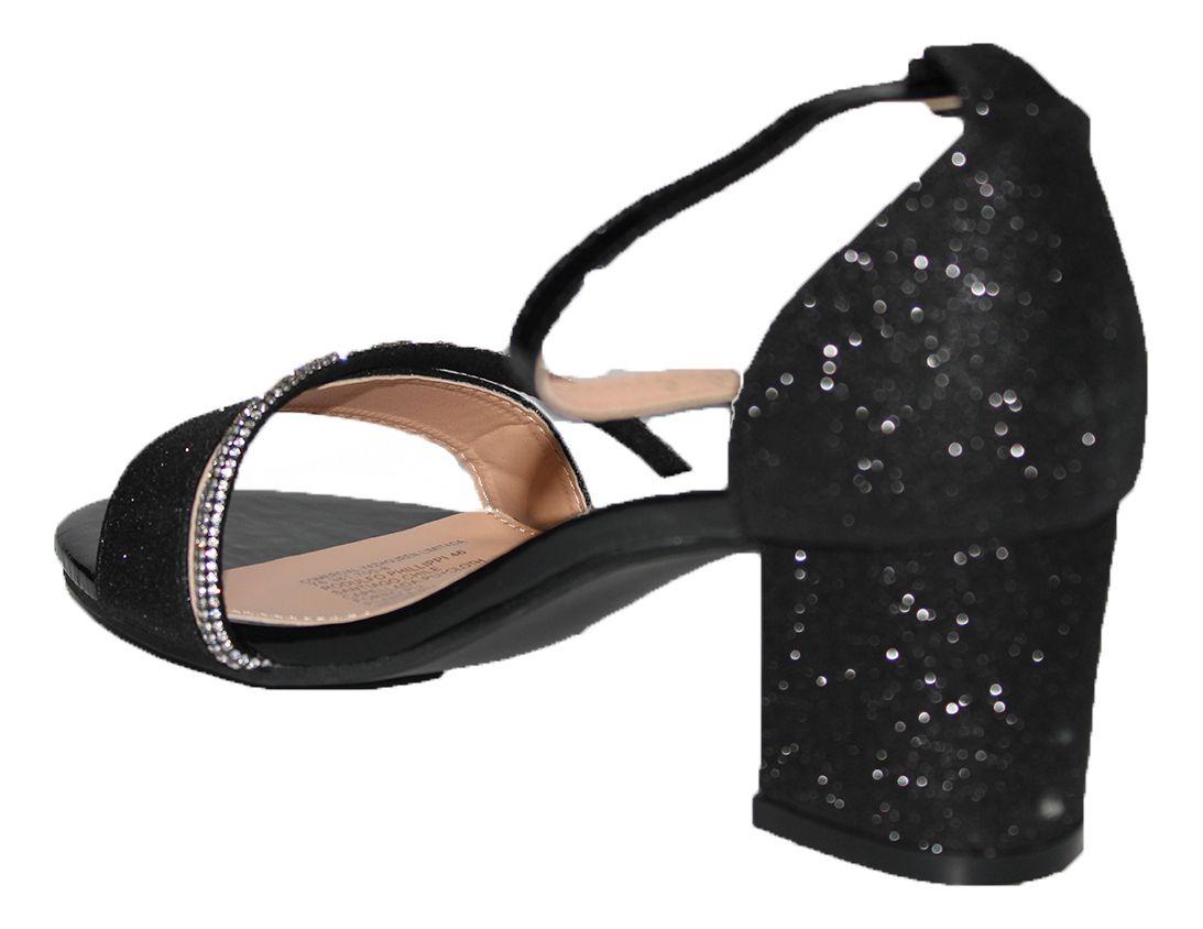 Sandalia Negra Brillosa Taco Bajo Elegante Mujer Con Brillos-3