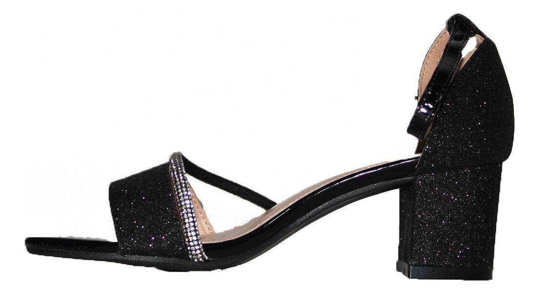 Sandalia Negra Brillosa Taco Bajo Elegante Mujer Con Brillos-4