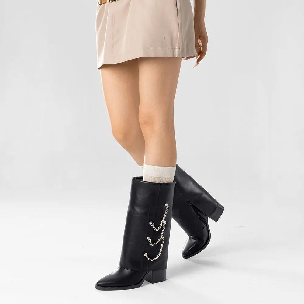 Botas Largas De Eco Cuero Para Mujer Con Tacón Grueso-1