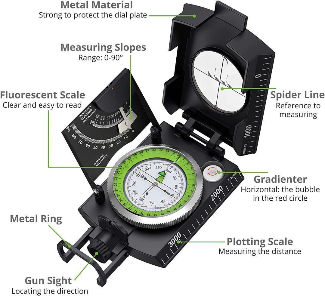 BRUJULA SUPERVIVENCIA DE CAMPING COMPAS INCLINOMETRO FLUORESCENTE AA14-2