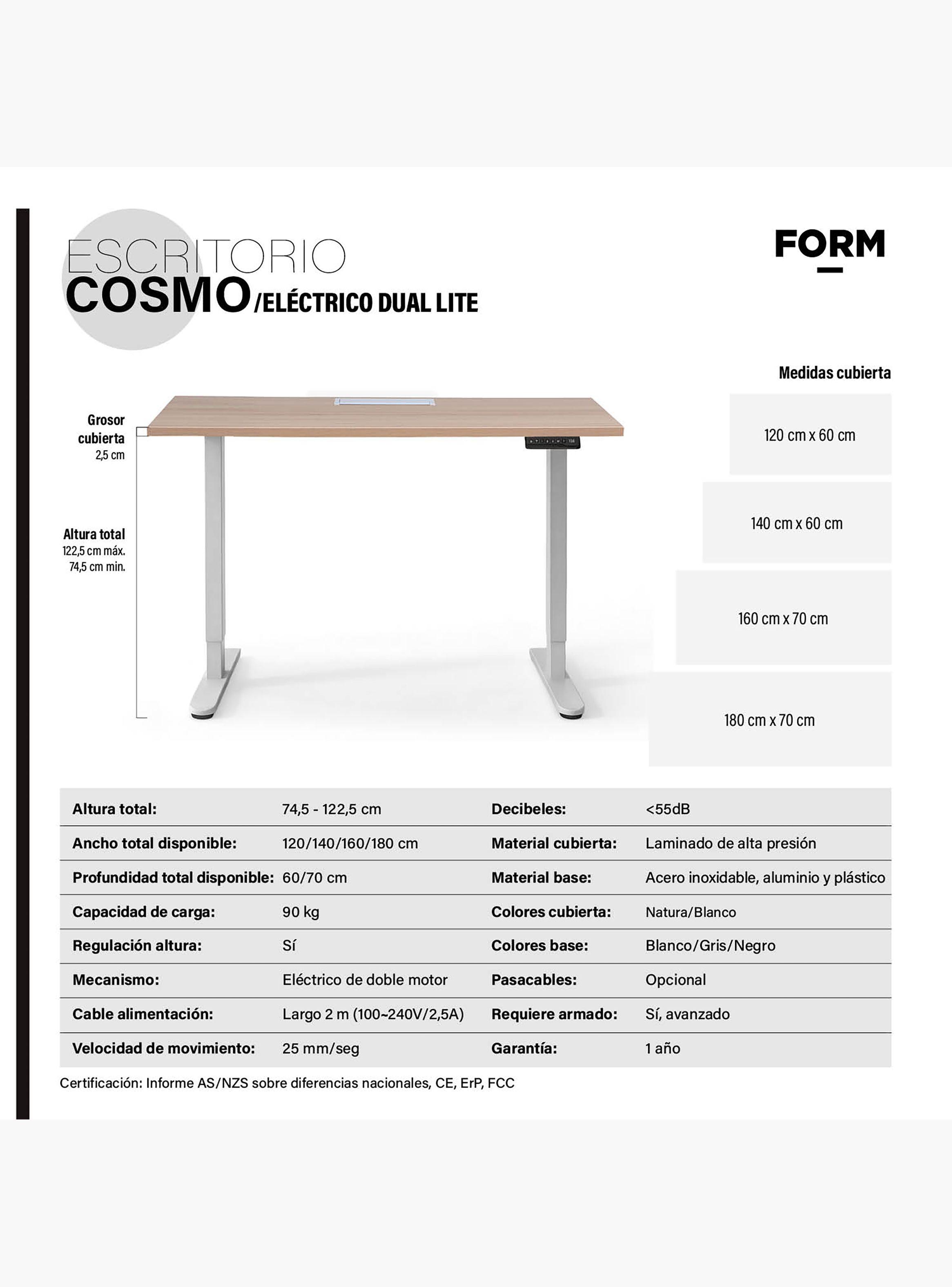 Escritorio Cosmo 160x70 Eléctrico Dual Lite con pasacables Natura/Negro-4