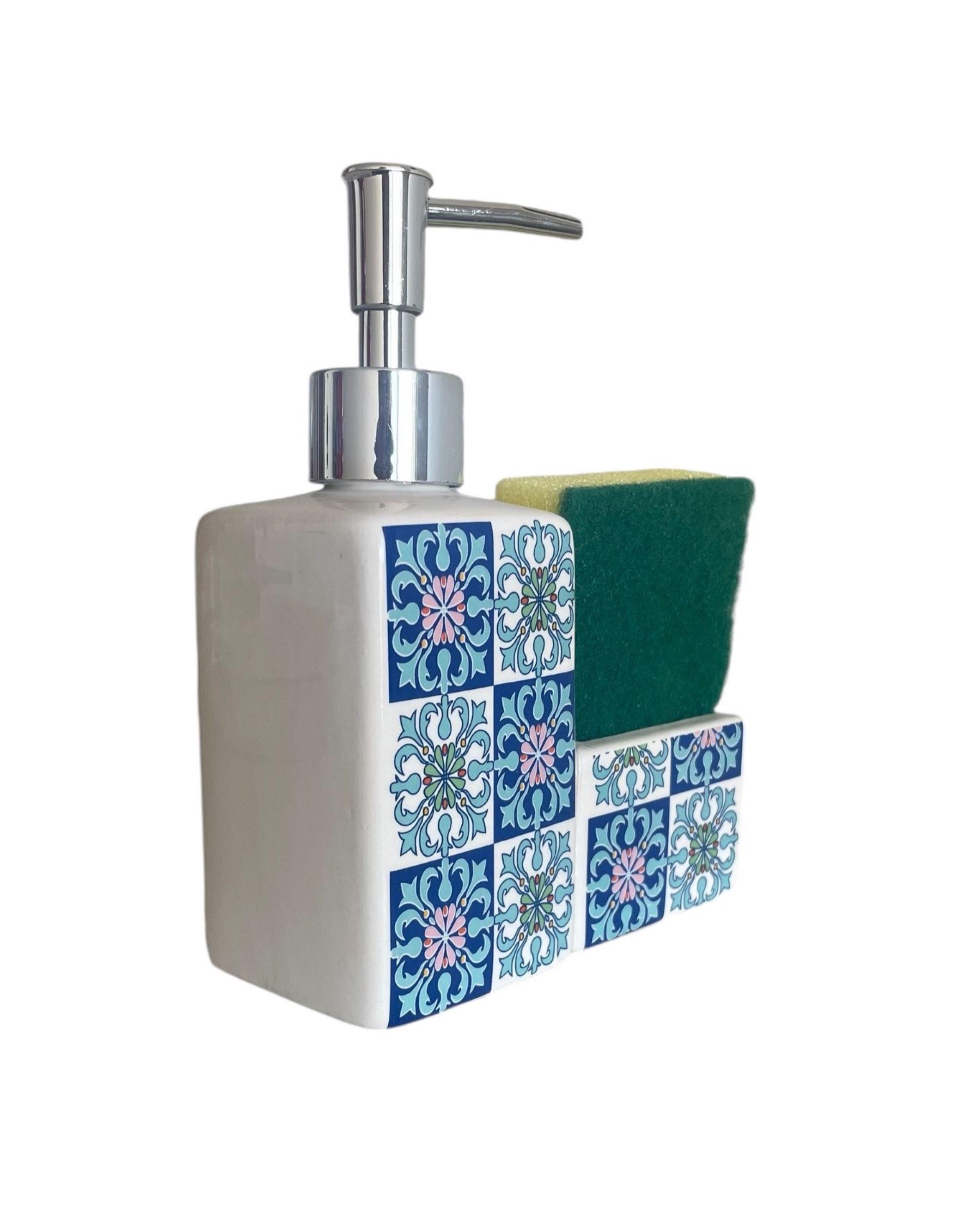 Dispensador Lavaloza Ceramica con Porta Esponja Jabón Liquido Cocina-1