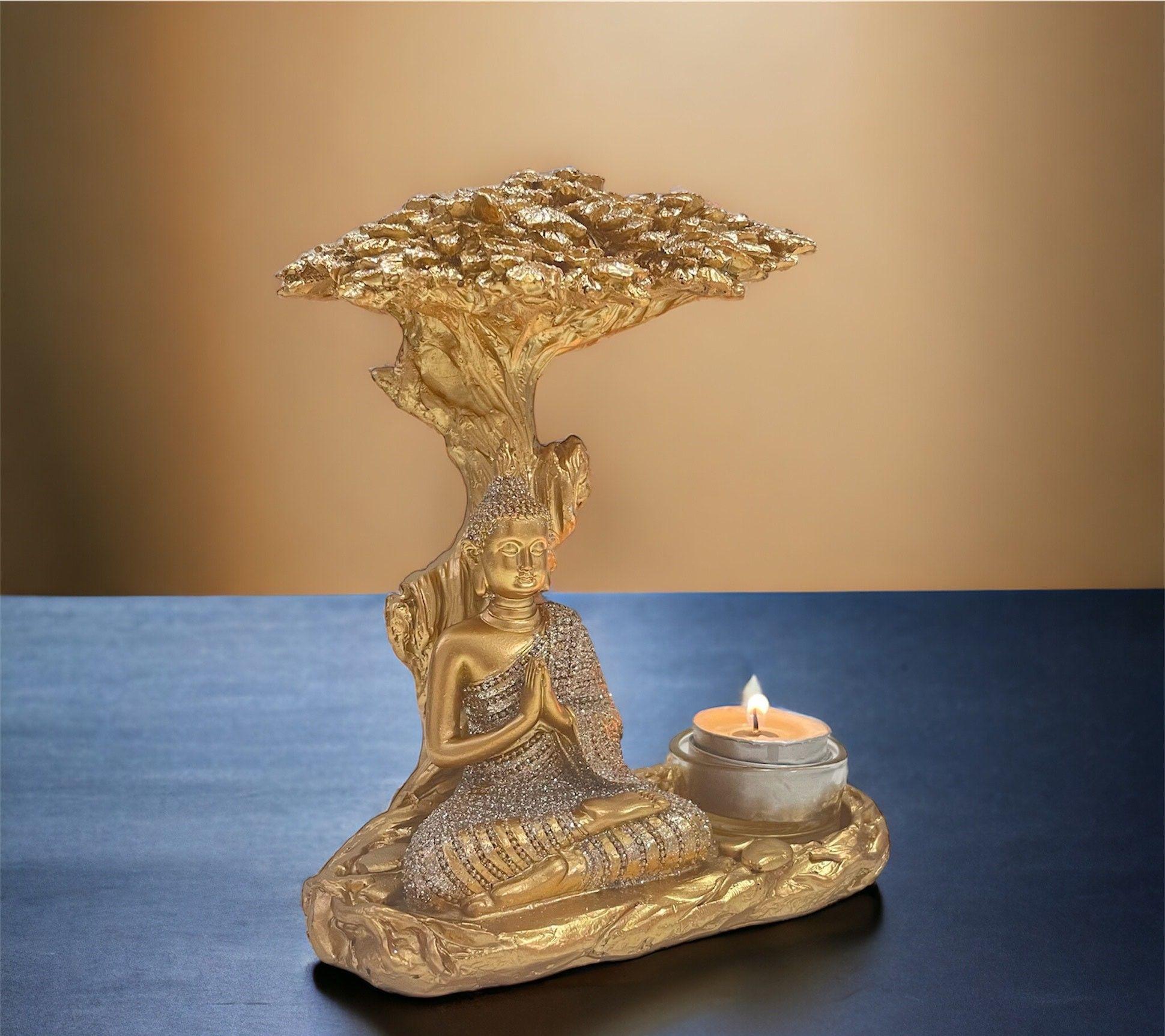 Porta Velas Decorativo Dorado Buda 17 cms-2