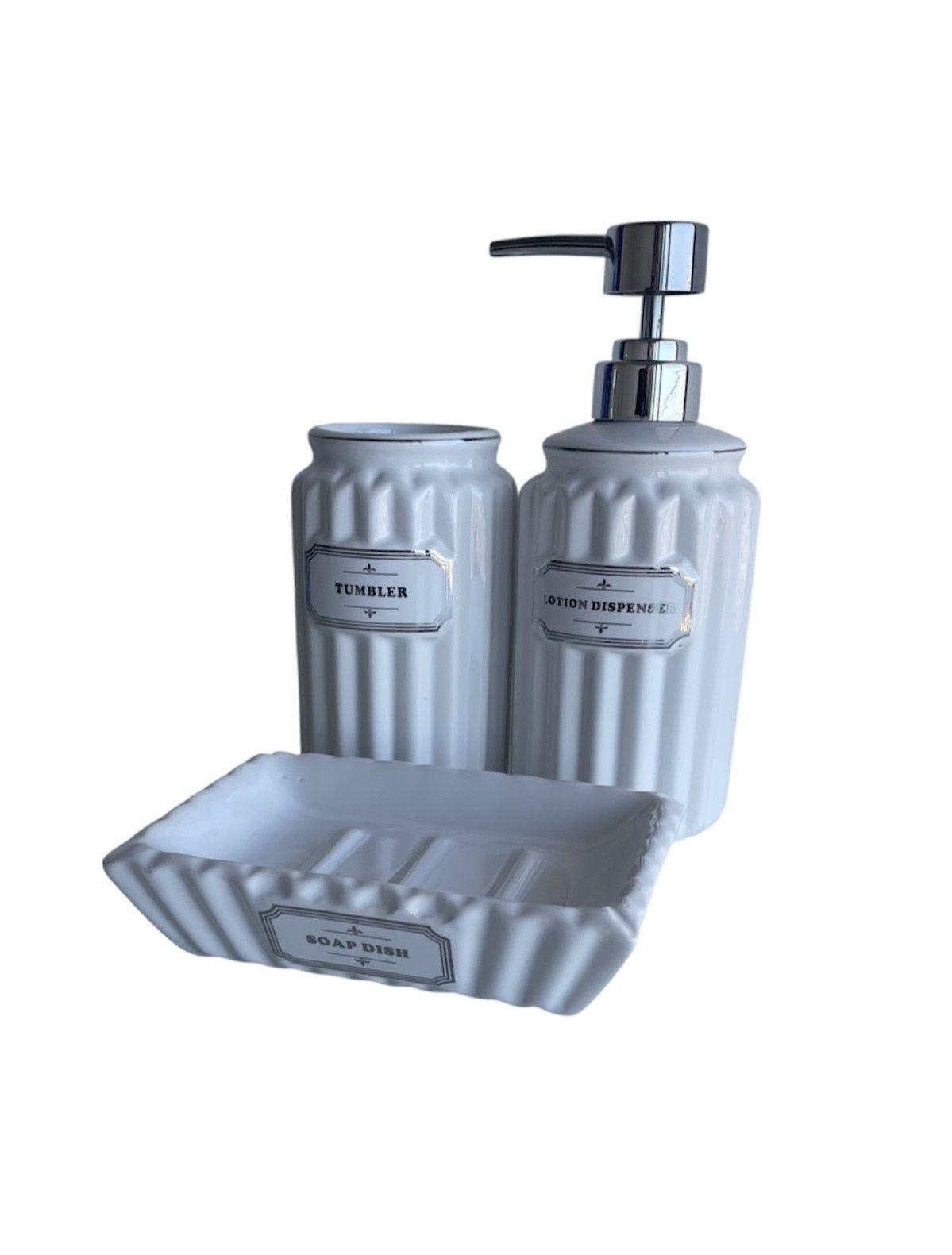 Set De Baño Dispensador De Jabon Ceramica Blanco Negro-2