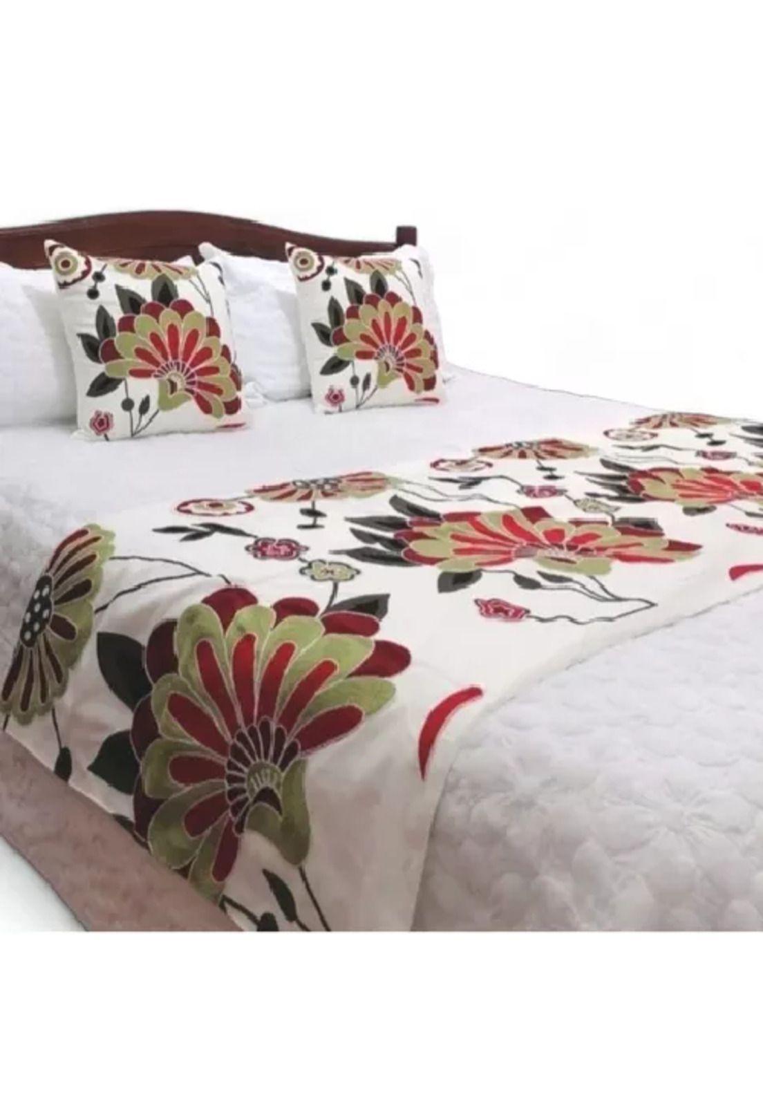 Piecera bordada + 2 fundas de cojín diseño floral 6 color blanco-1