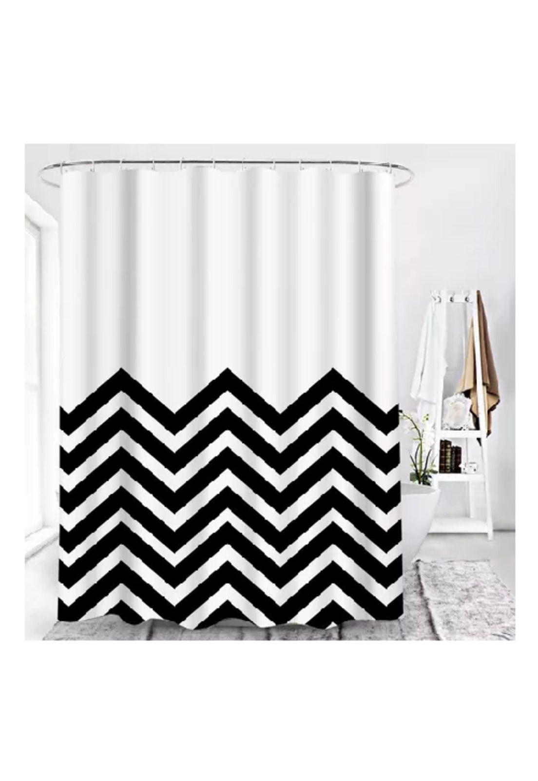 Cortina de baño y ducha, tela impermeable, blanca con ondas negras-0