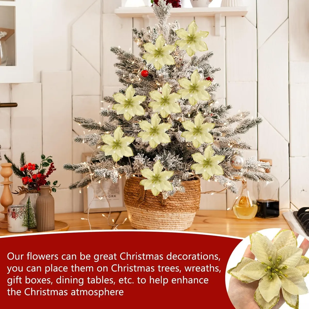 Pack 10 Flores 14cm Avideñas Adorno Navidad Árbol Con Clip Dorado-0