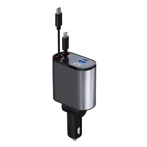 Cargador auto USB carga rápida y 2 cables retráctiles-0
