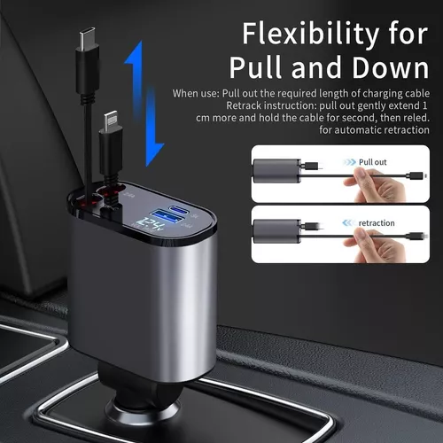 Cargador auto USB carga rápida y 2 cables retráctiles-1