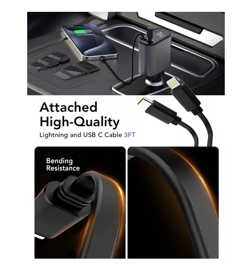 Cargador auto USB carga rápida y 2 cables retráctiles-2