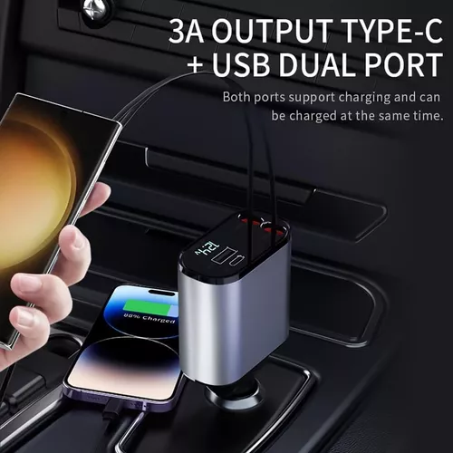 Cargador auto USB carga rápida y 2 cables retráctiles-3