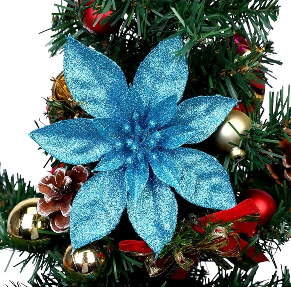 Flores Navideñas Con Clip 6cm Brillantes Con Glitter 10unid-0