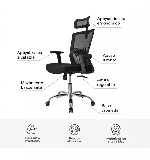 Silla de oficina presidente Ergonomus Delphi base cromada color negro-2