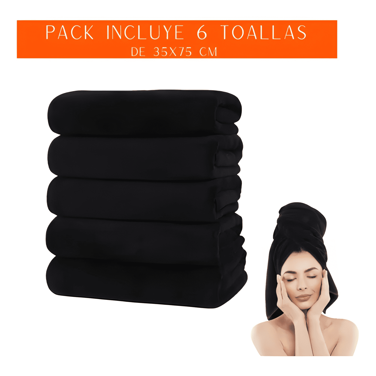 Pack 6 toalla peluqueria hotel barberia spa gym 35x75 Negra-1