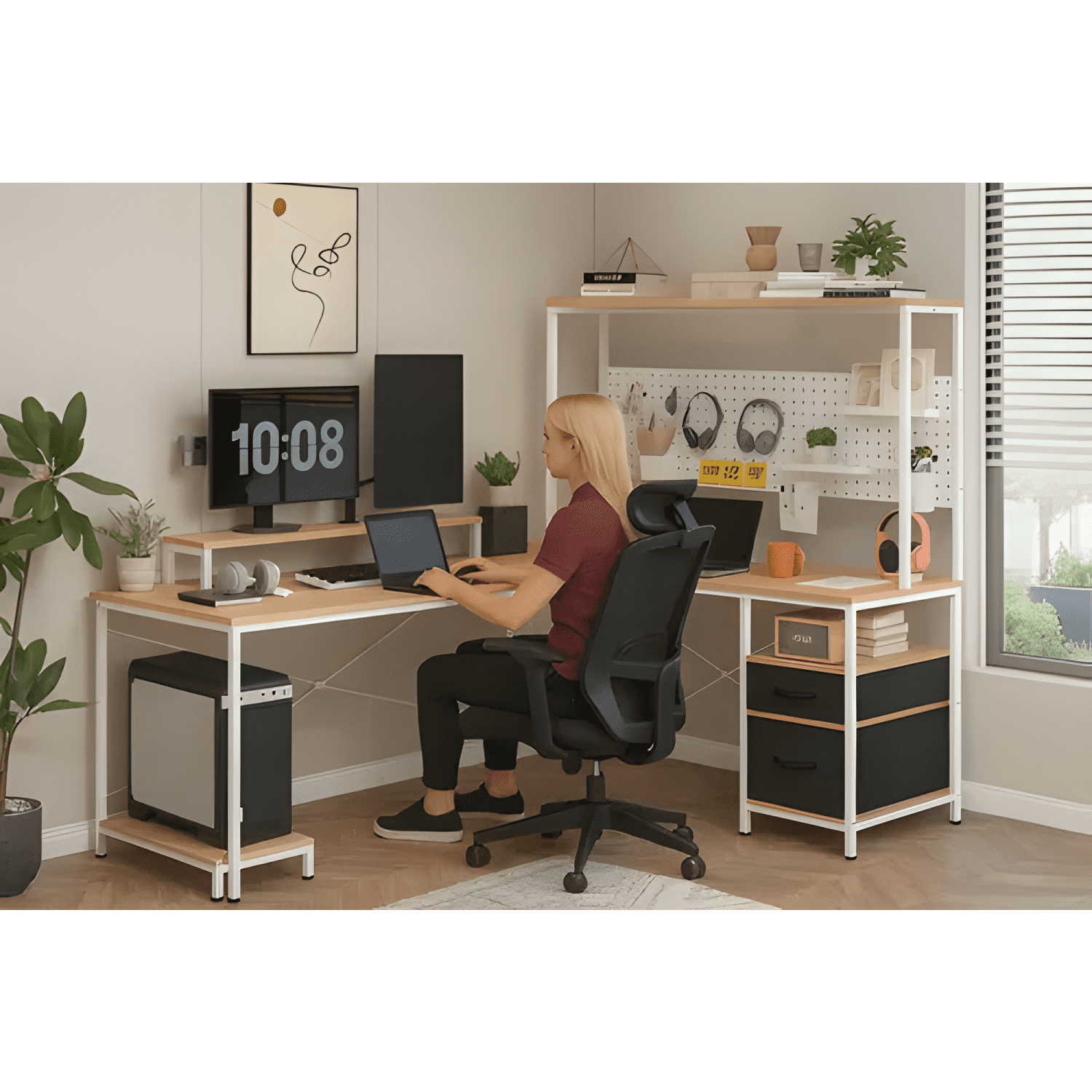 Escritorio homeoffice esquinero convertible con estantería-2