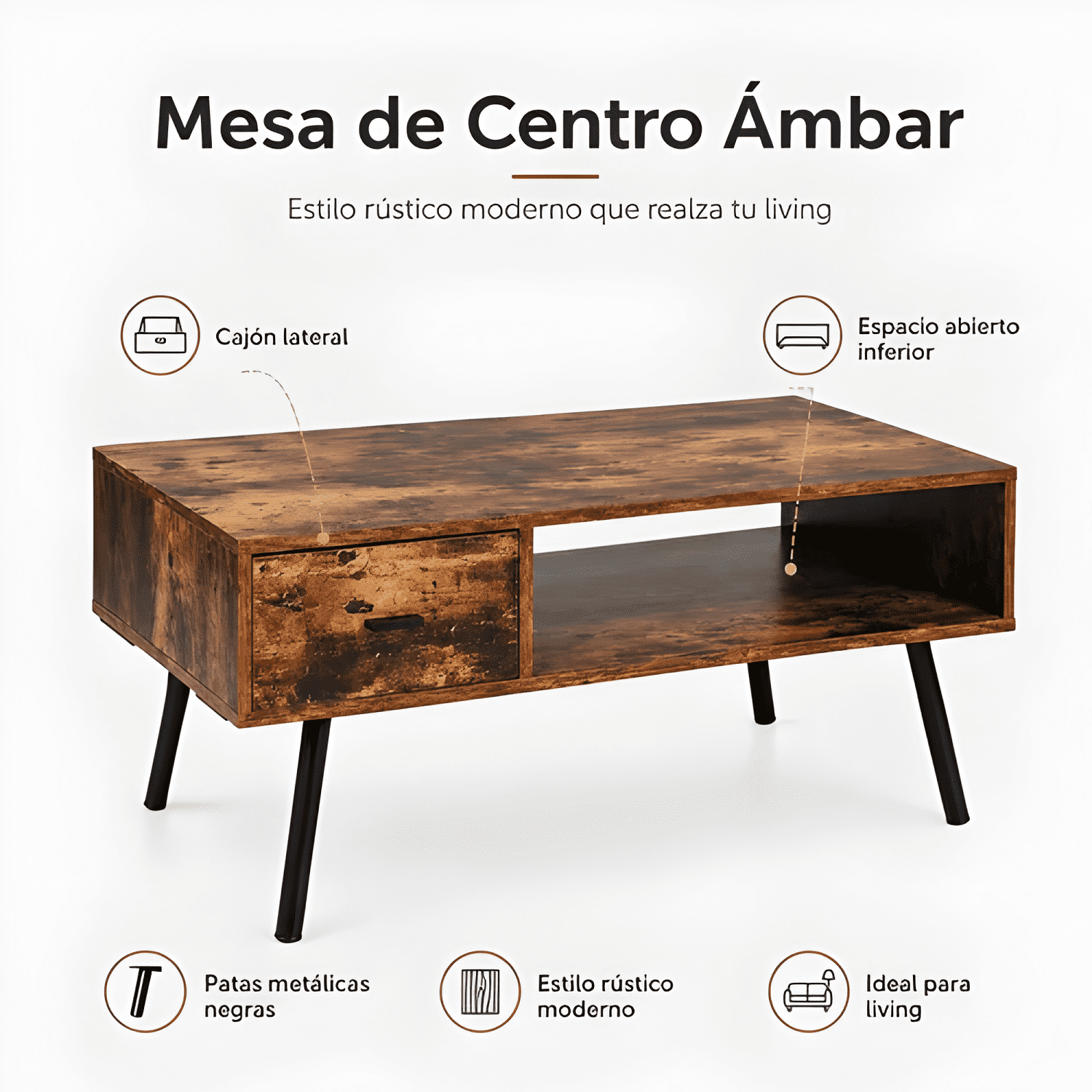 Mesa De Living Ámbar Madera Rústica Con Patas Negras-4