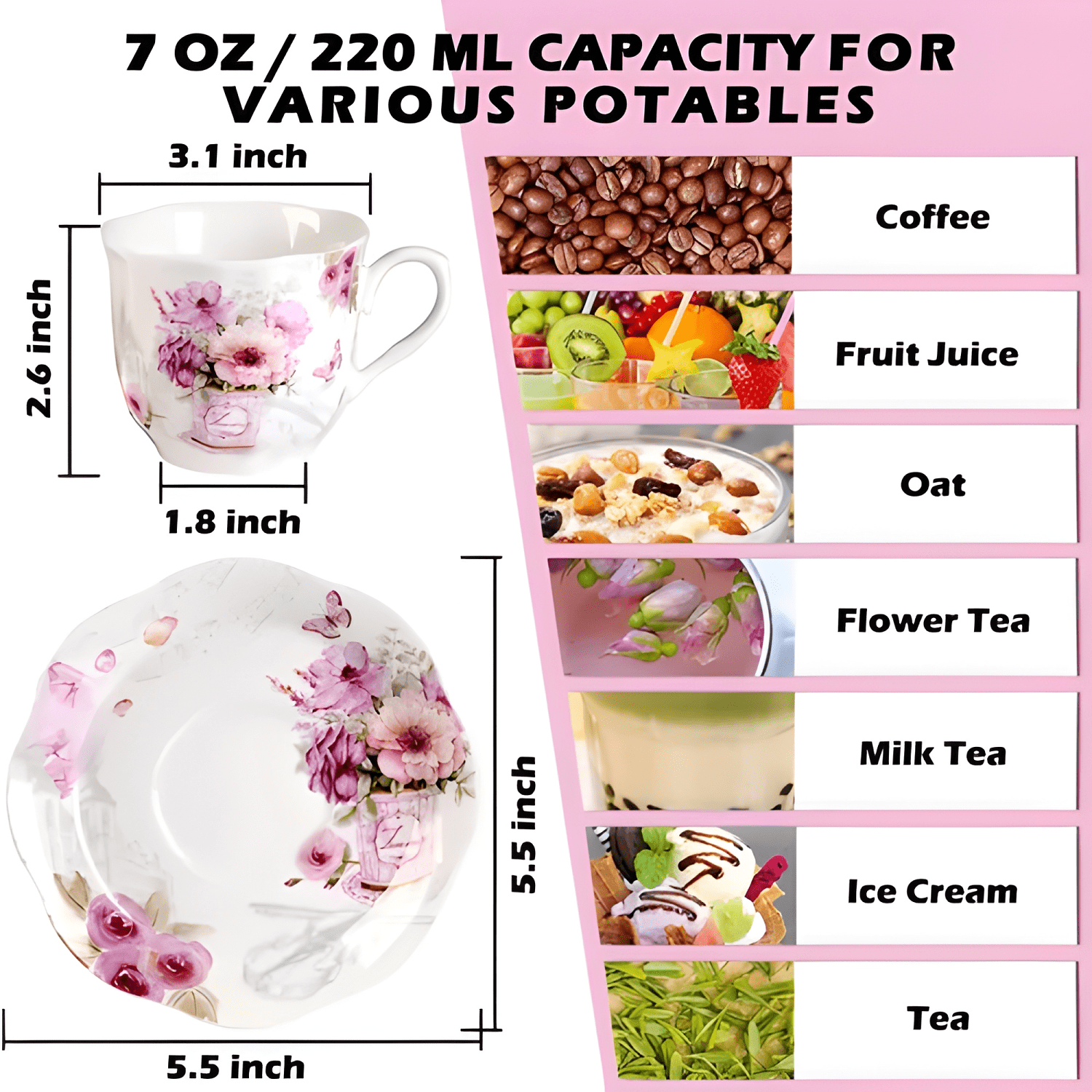 Juego de 6 tazas de porcelana 200 ML con plato floral gua...-2