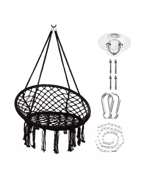 Hamaca silla colgante redonda interior exterior macramé negro-2