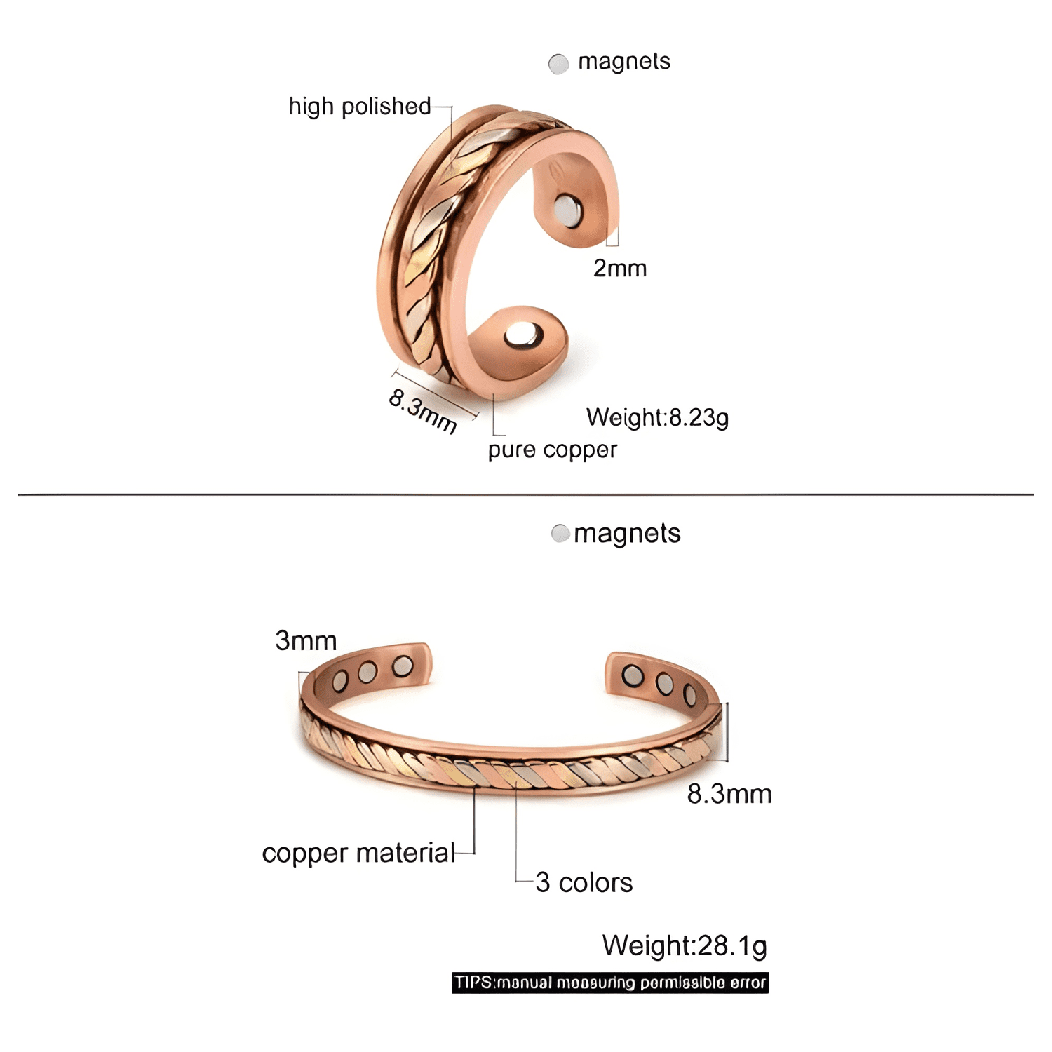 Pulsera con anillo de cobre - brazalete magnética imanes-2