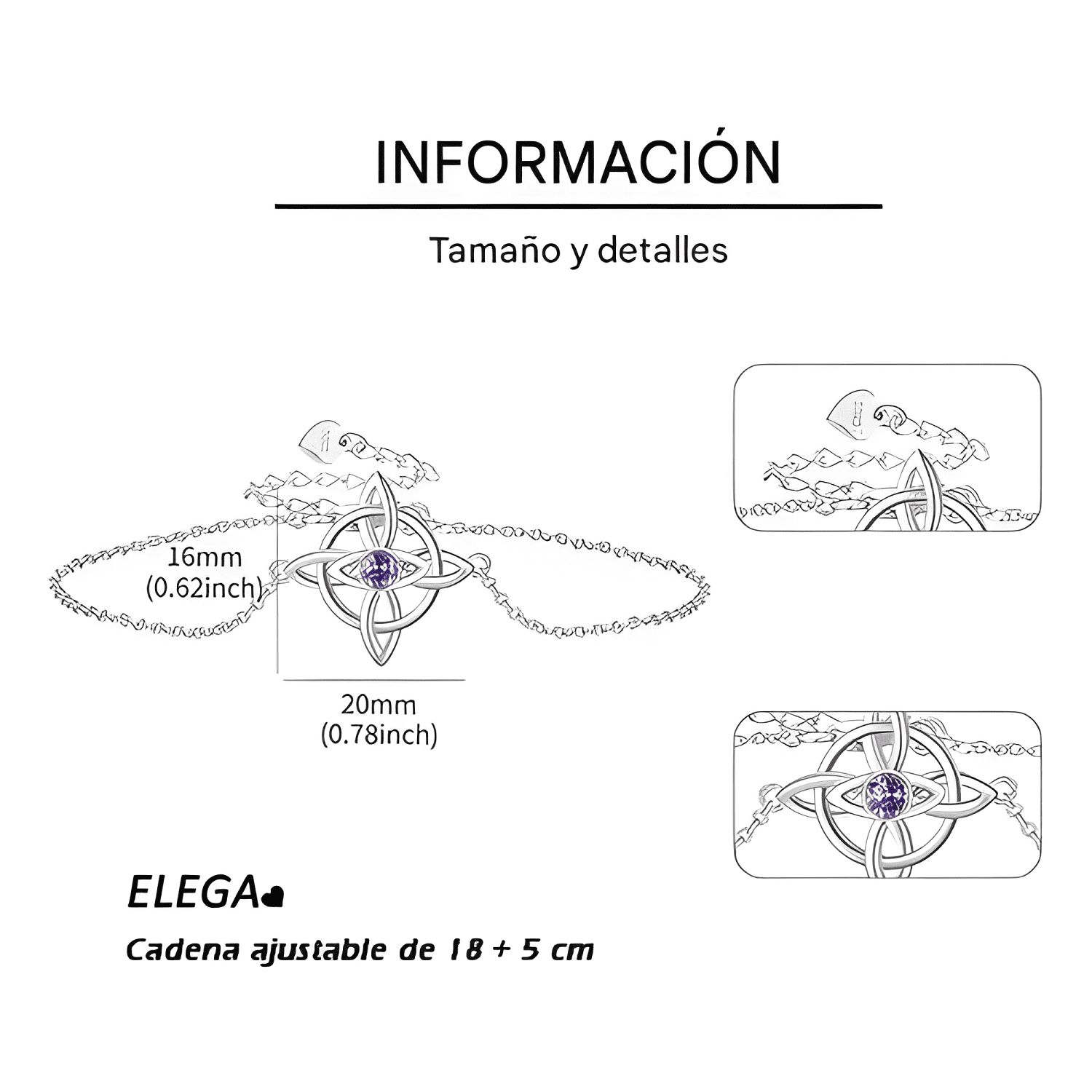 Pulsera nudo de bruja de plata italiana piedra amatista fina-2