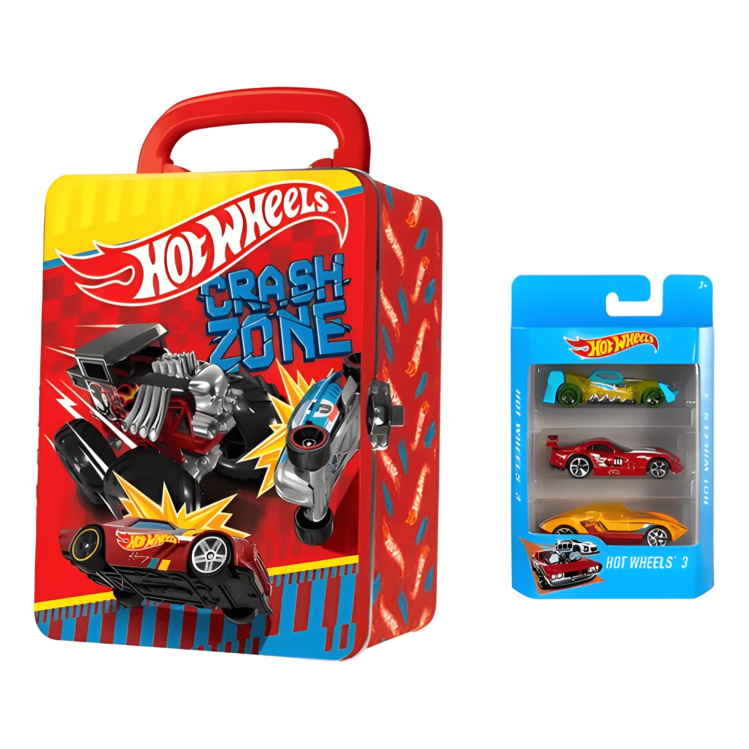 Pack 3 autos Hot Wheels con caja metálica porta autos-0