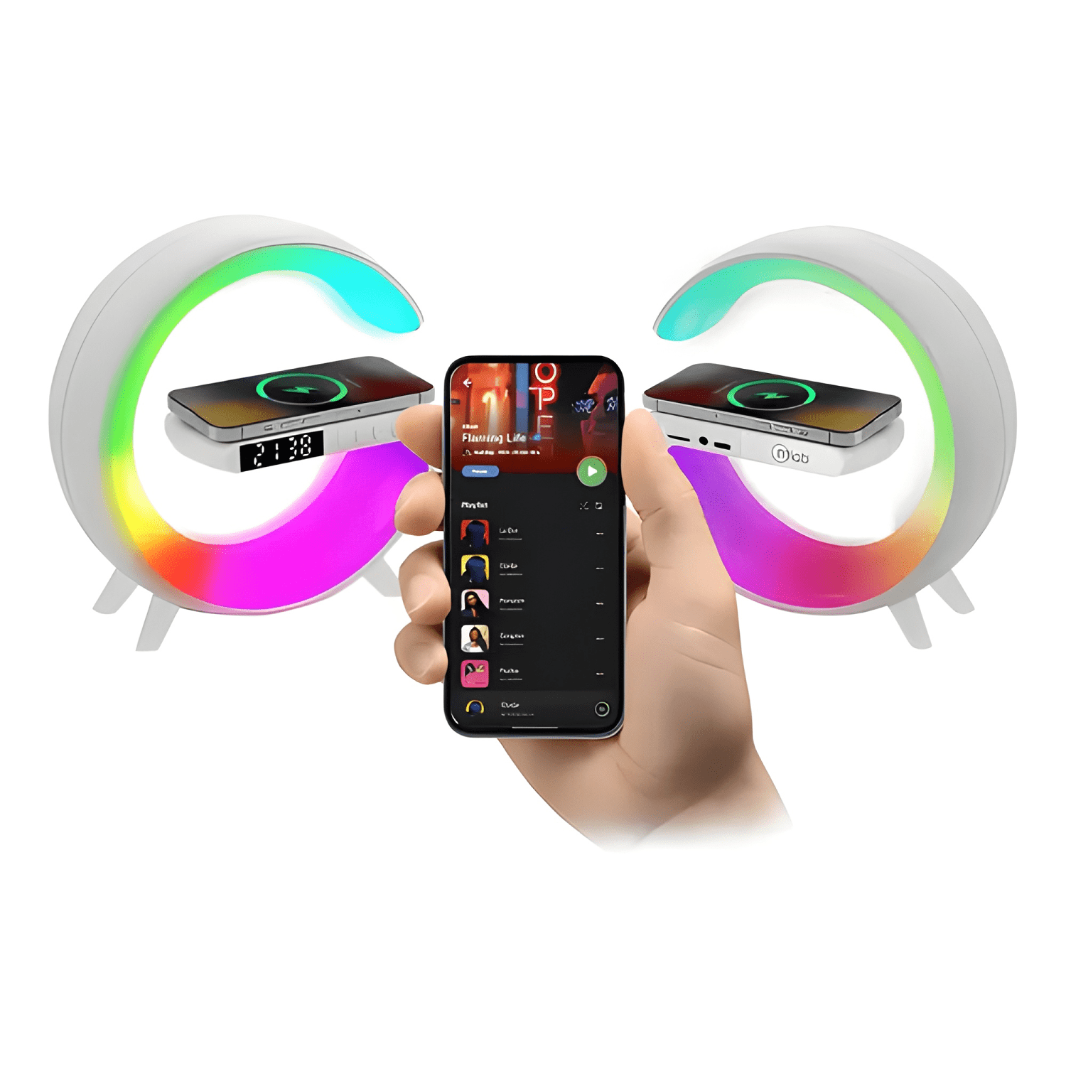 Parlante 5 en1 cargador + luz rgb + reloj + alarma/ Blanco-2