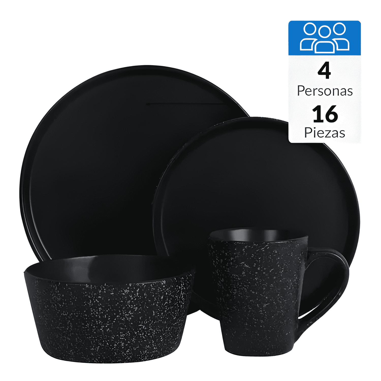 Juego loza 16 piezas cerámica mármol platos tazas Negro-3
