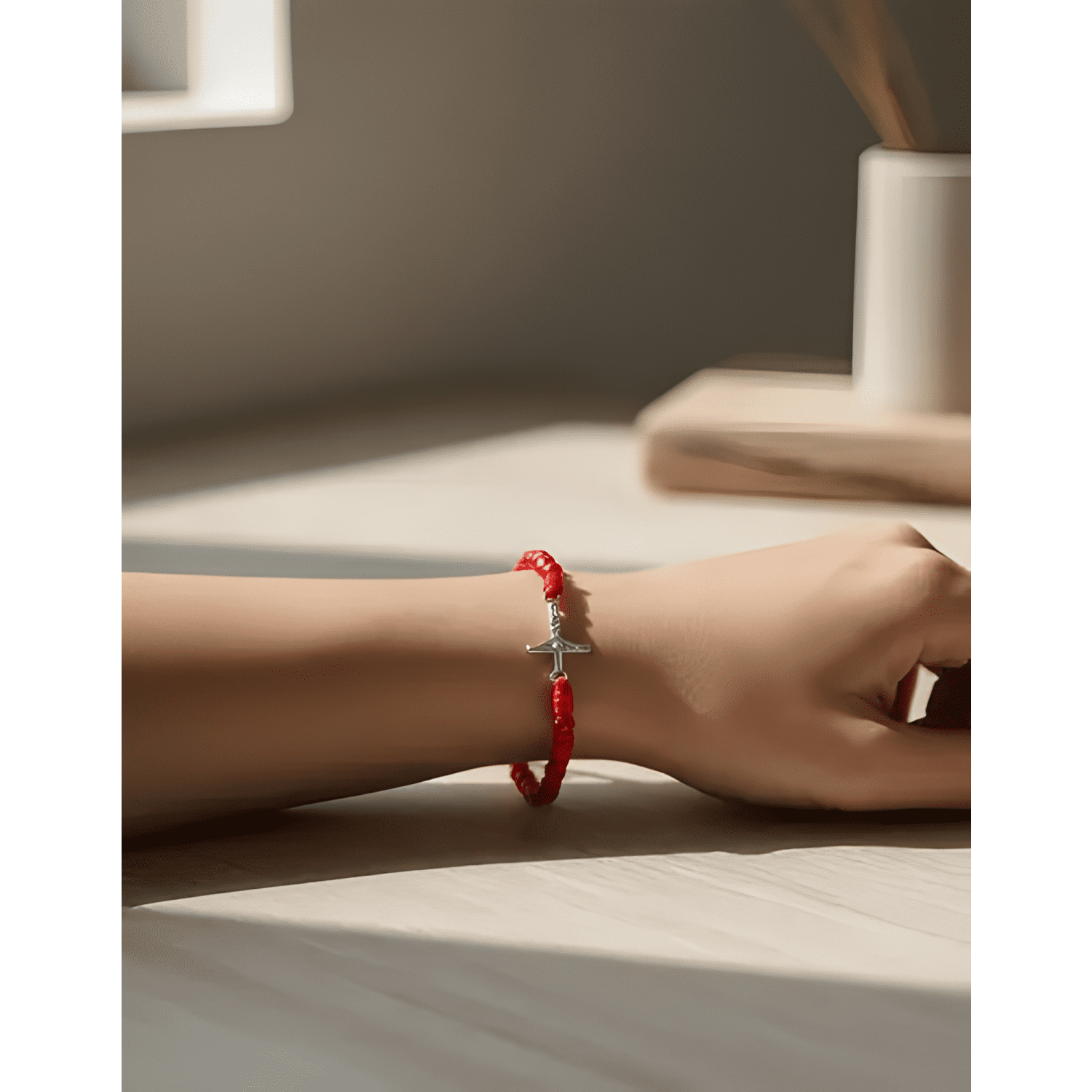 Pulsera cruz cristo plata 925 hilo con cristales rojos Rojo-1