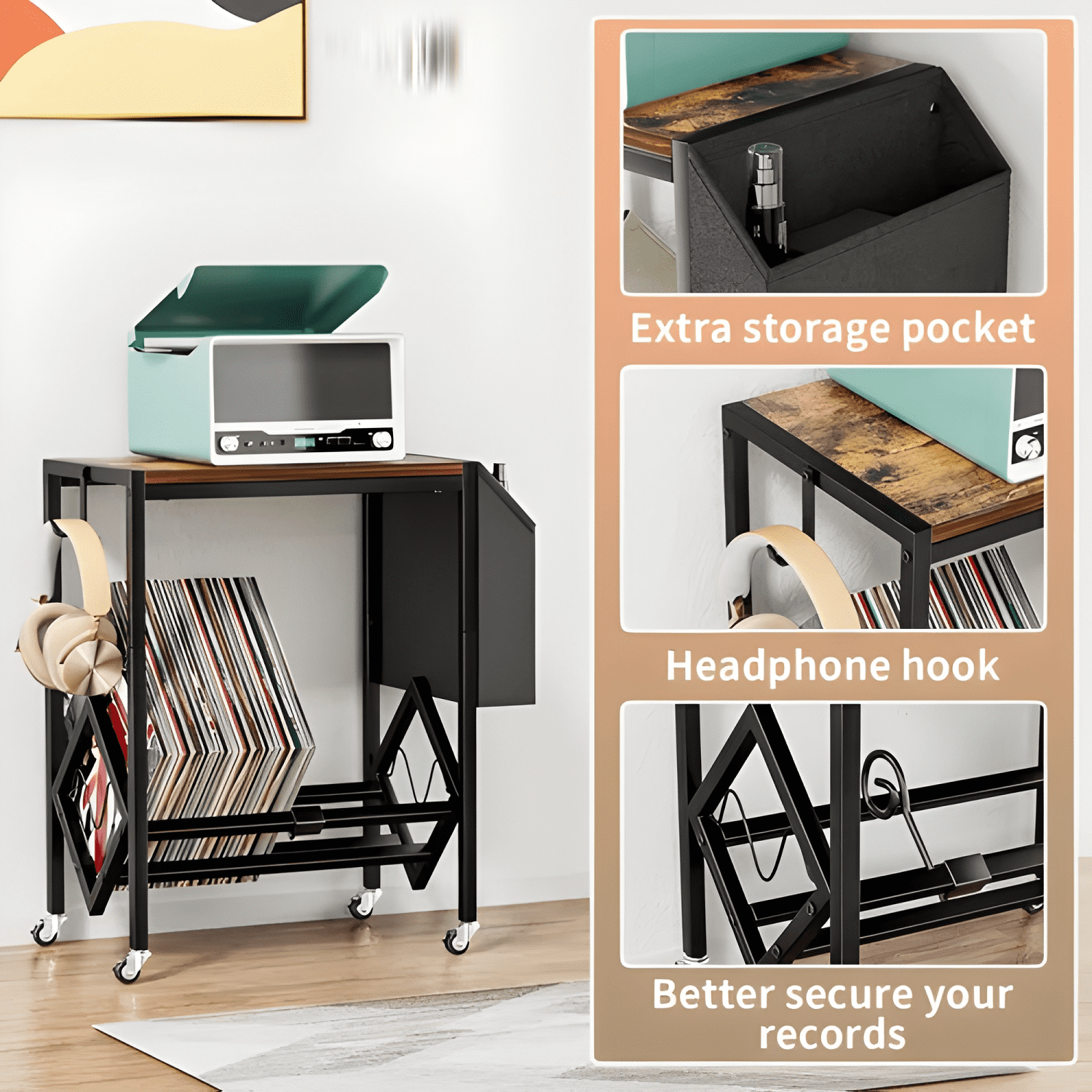 Carro Mesa De Soporte Tocadiscos Y Almacenamiento Con Ruedas-4
