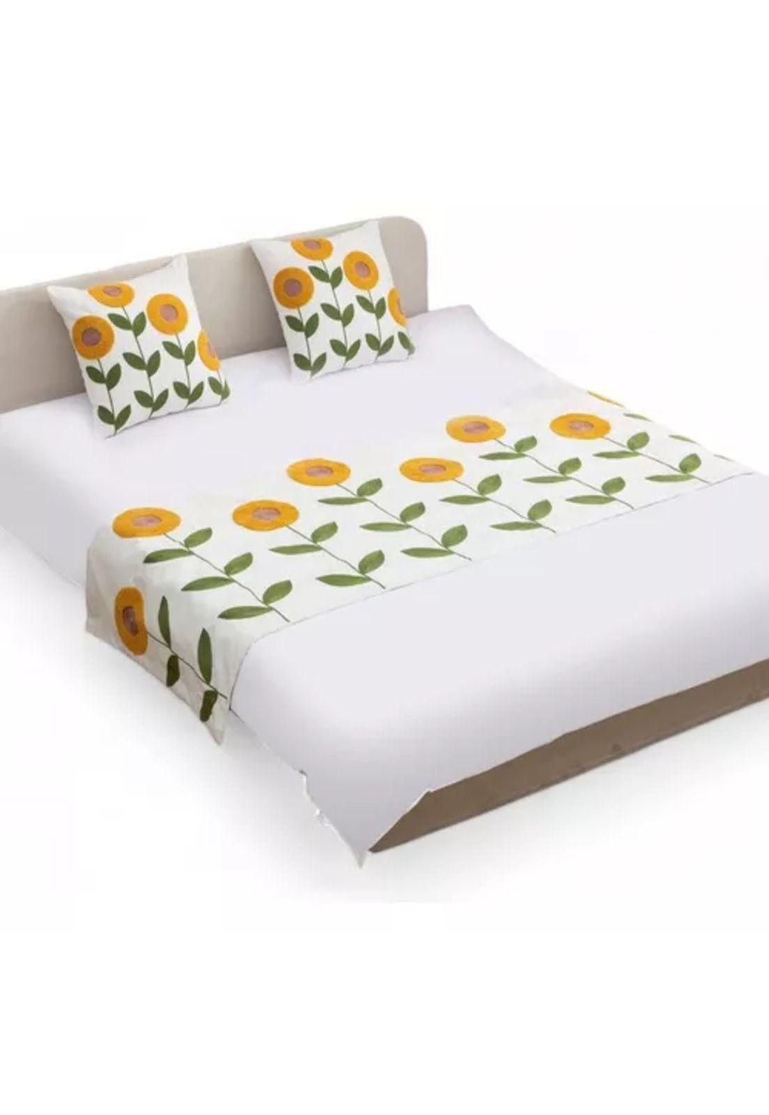 Piecera bordada + 2 fundas de cojín diseño floral 8 color blanco-1