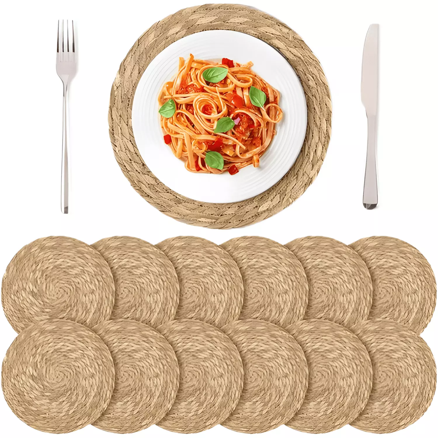 Set 12 individuales de mesa redondos de paja natural 35cm-0
