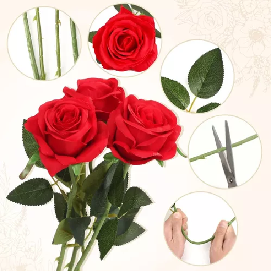 Pack de 12 Rosas Artificiales de Terciopelo en Color Rojo-3