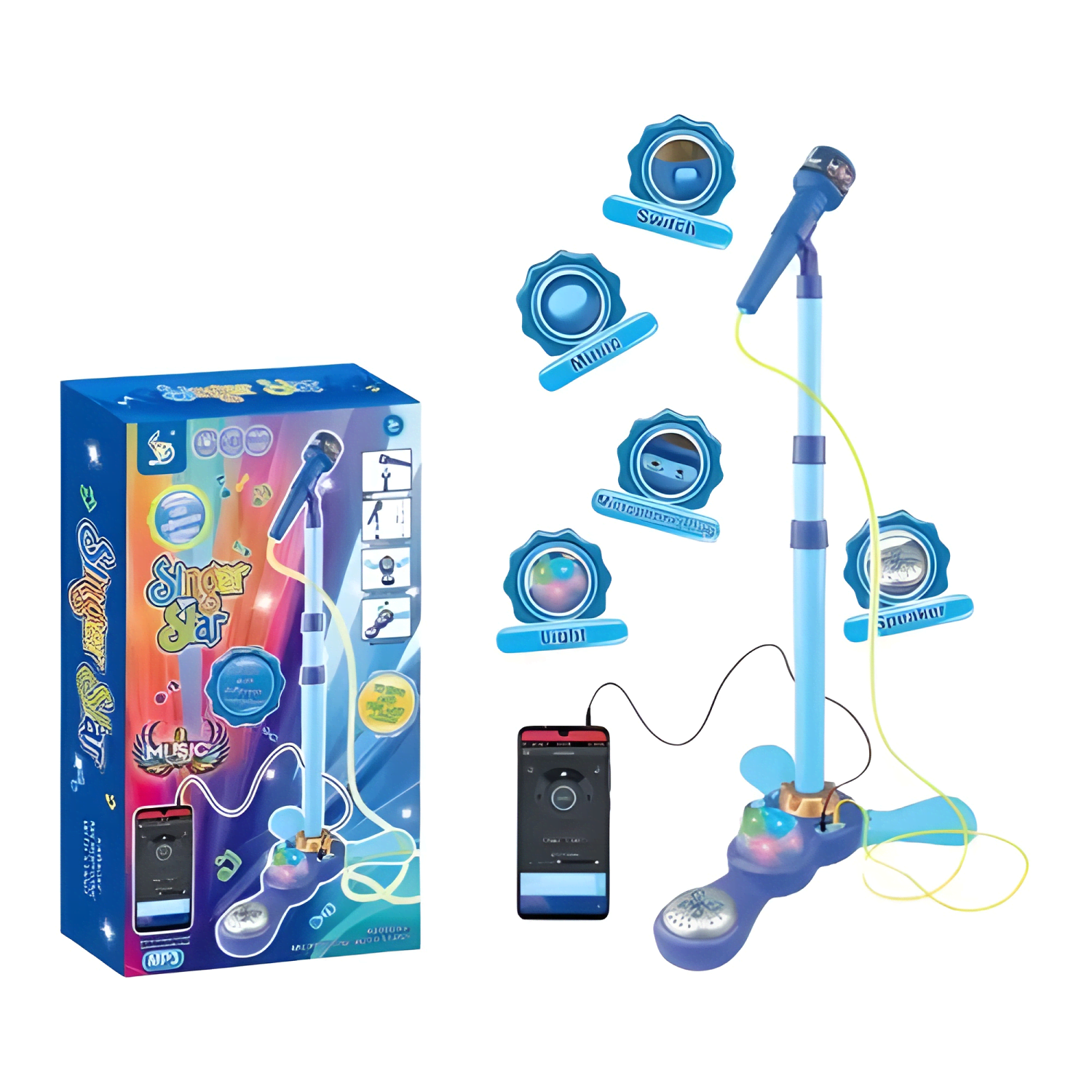 Micrófono pedestal juguete mp3 con luces infantil Azul-0