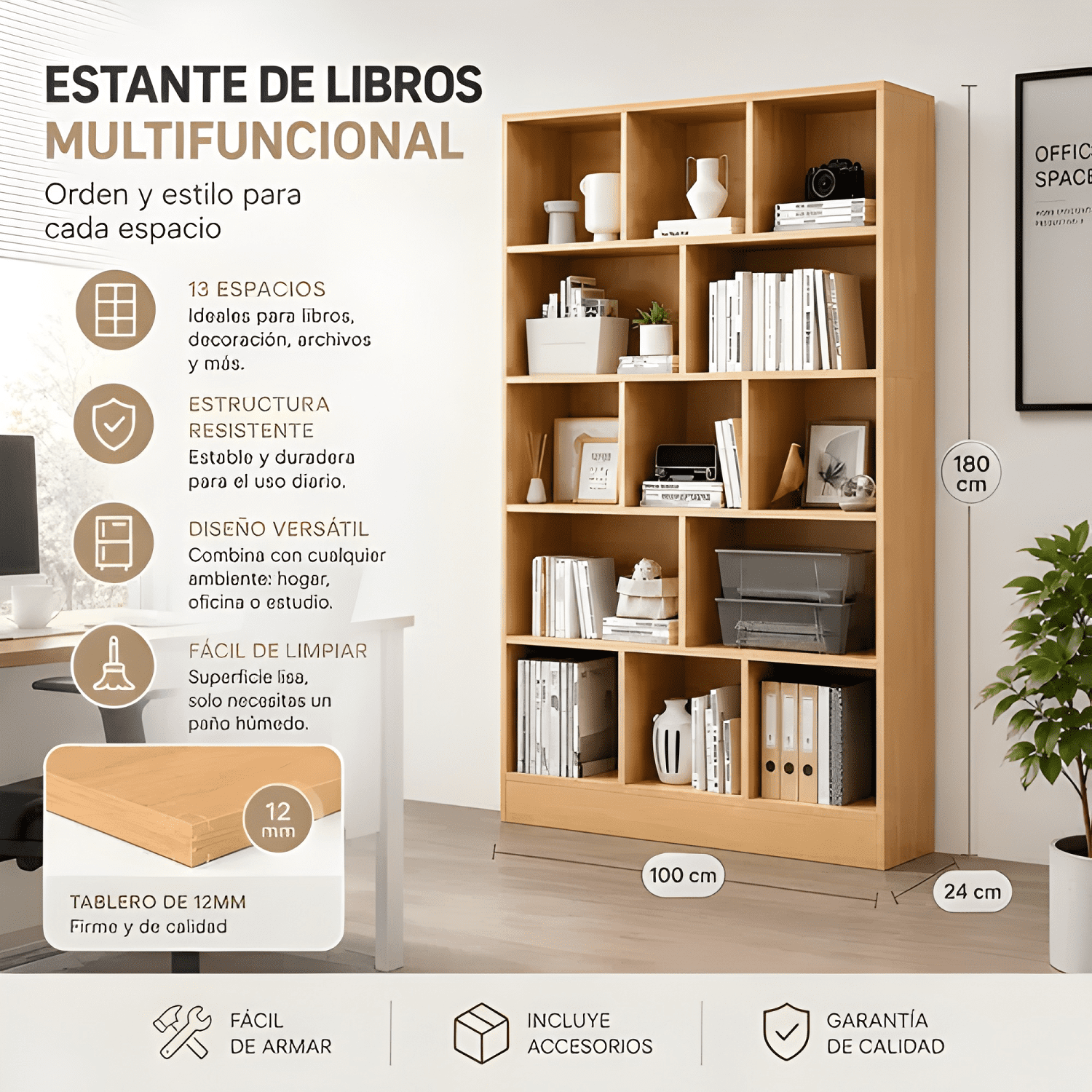 Librero madera biblioteca 13 repisas 100x23x180cm-1