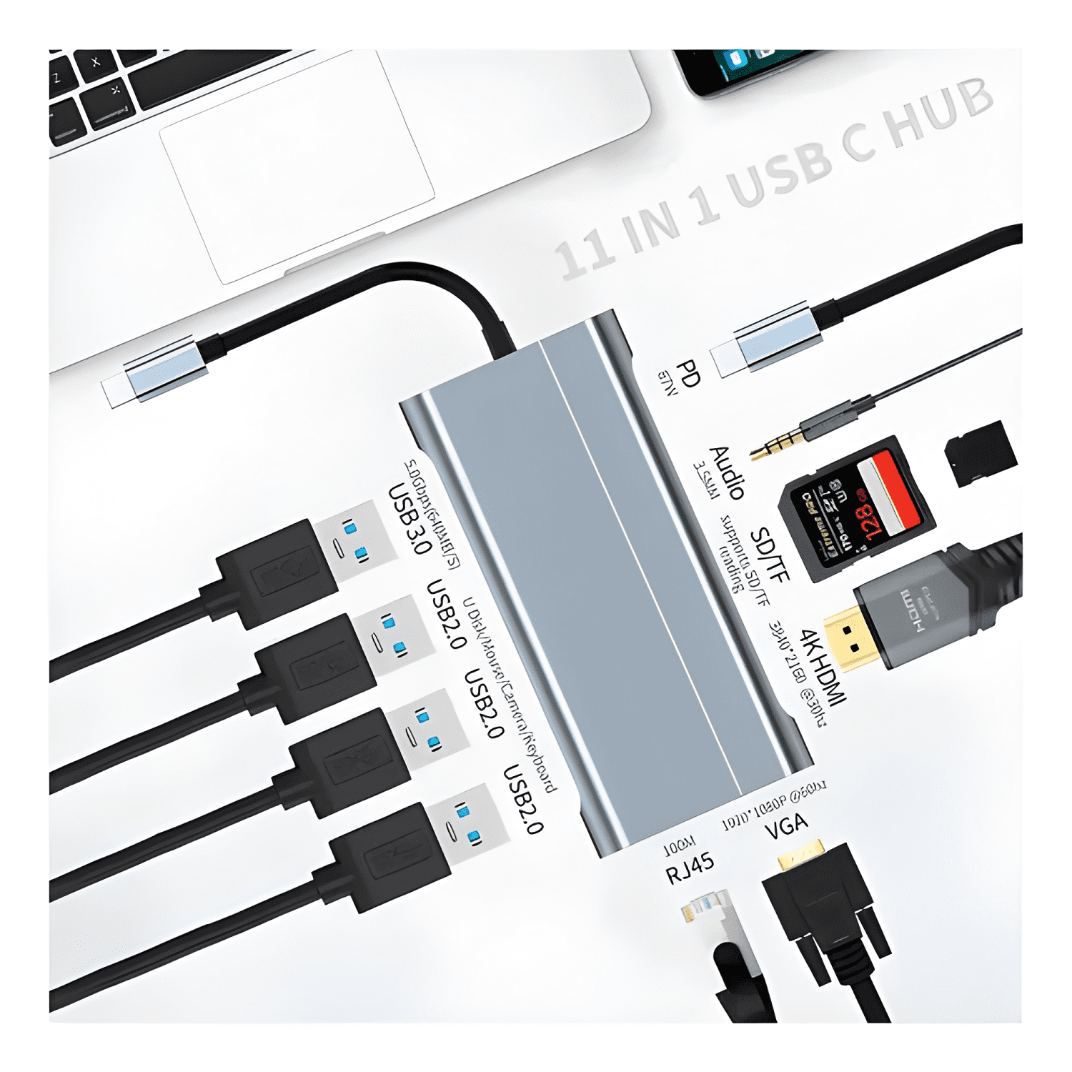 Adaptador hub 11 en 1 USB-C multipuerto 4K 100Mbps-1