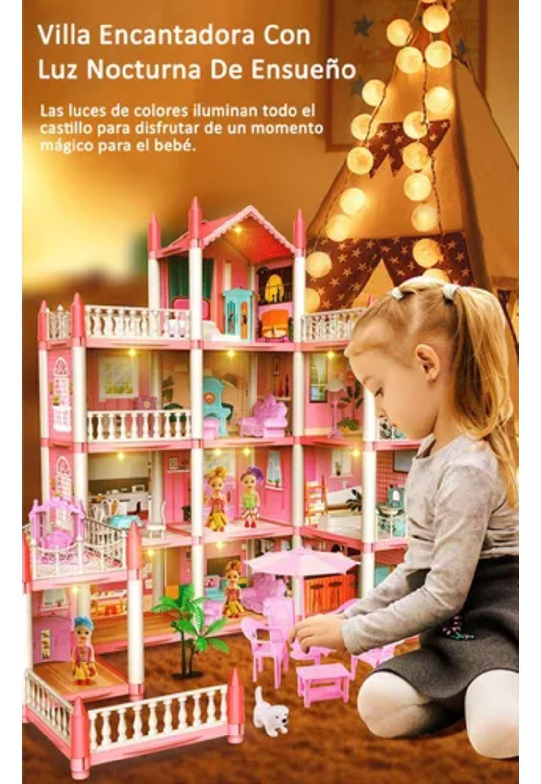 Casa de muñecas con muebles, castillo juguete para niñas rosado-6