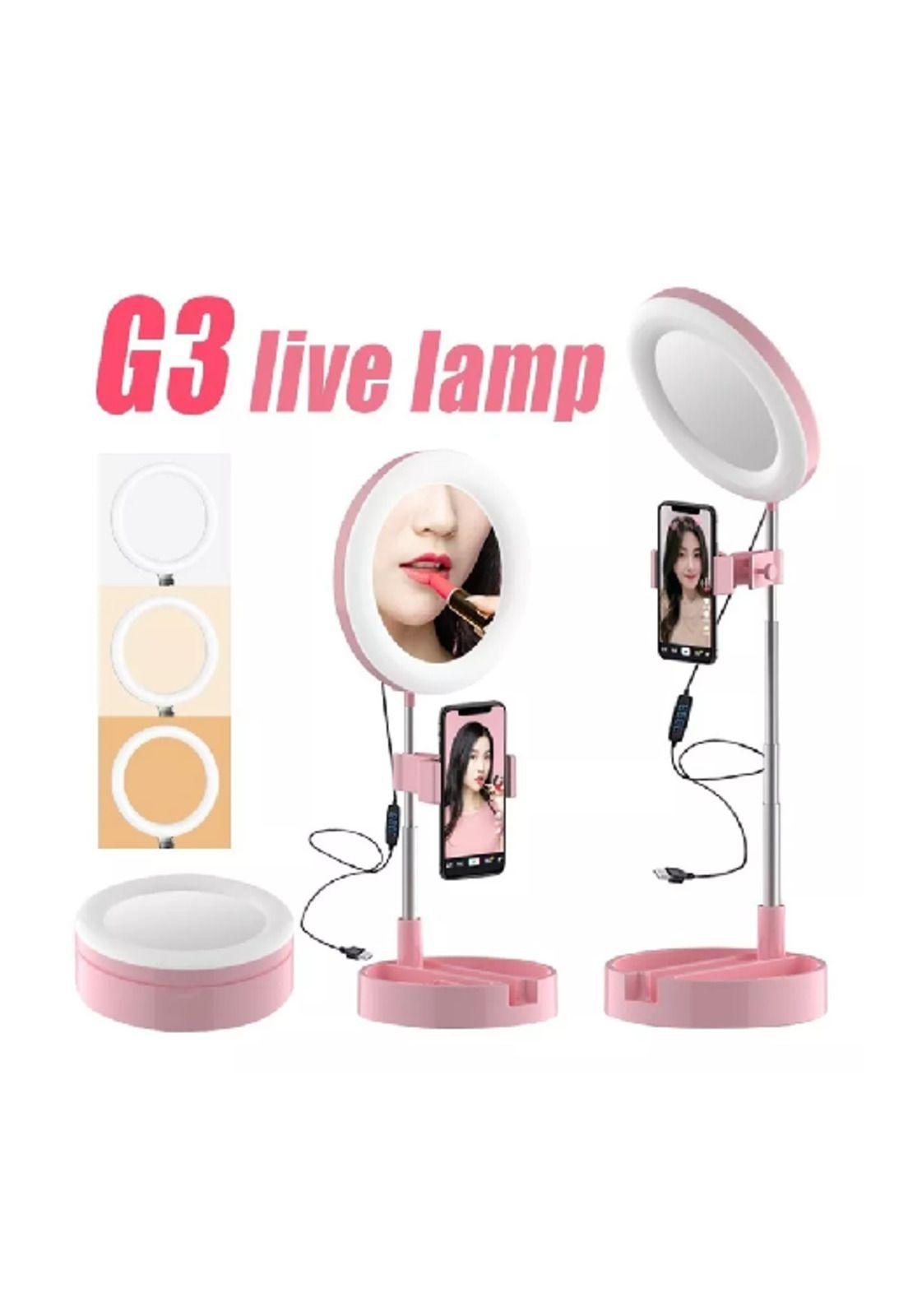 Aro de luz LED + espejo de maquillaje + soporte de celular 3en1, estructura rosa claro-2