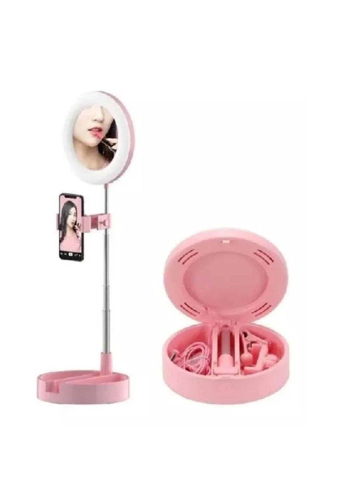 Aro de luz LED + espejo de maquillaje + soporte de celular 3en1, estructura rosa claro-3