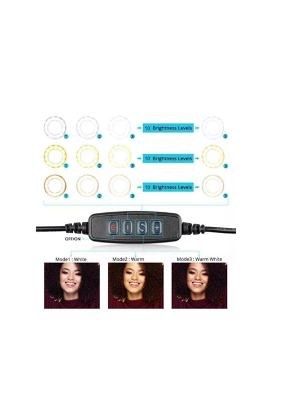 Aro de luz LED + espejo de maquillaje + soporte de celular 3en1, estructura rosa claro-4