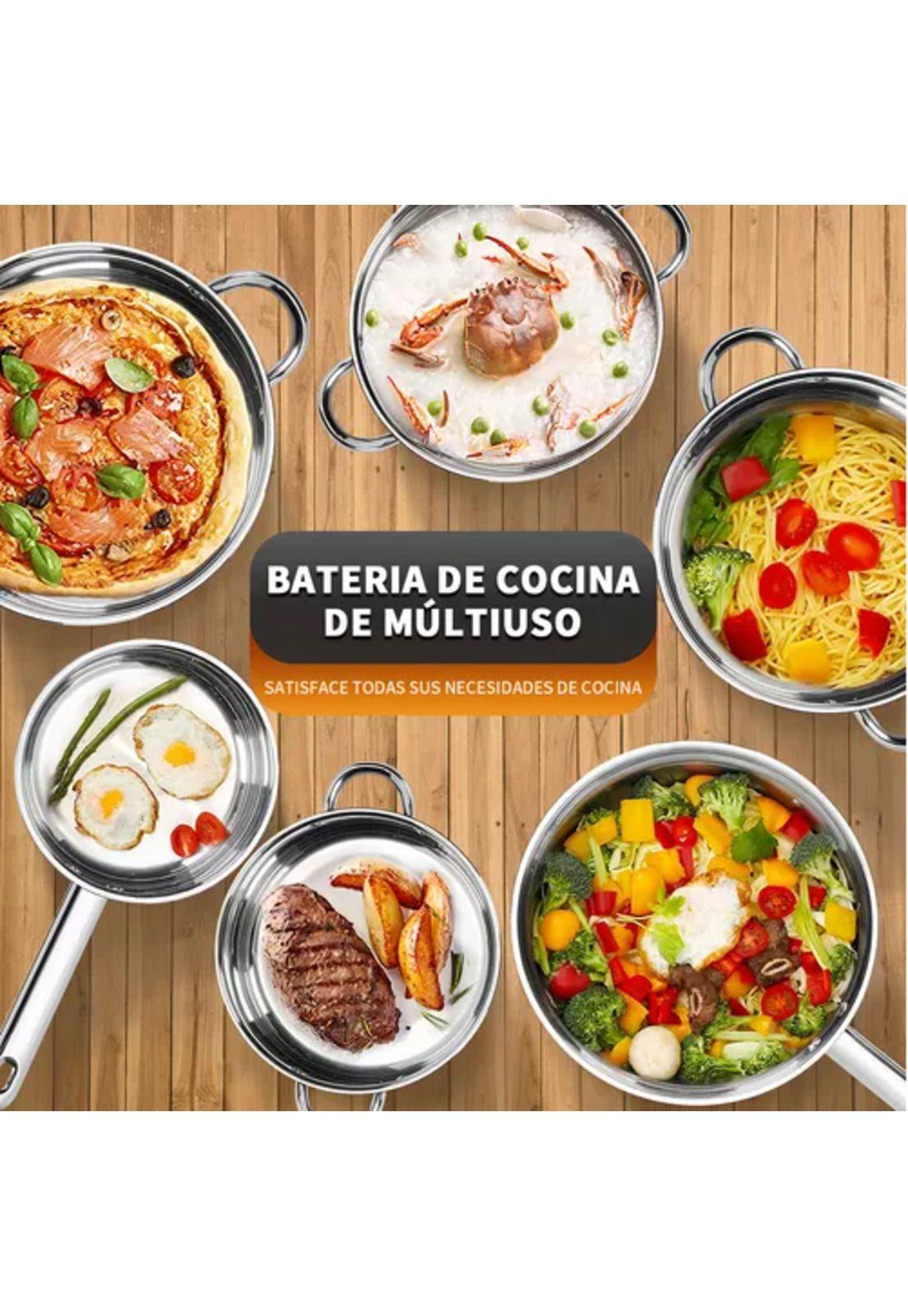 Batería de cocina de 15 piezas, acero inoxidable, color plateado-2