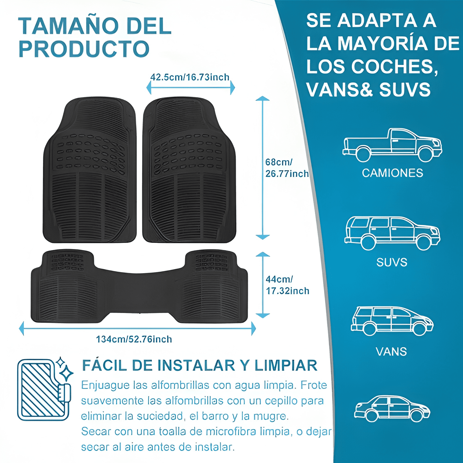 Pisos De Goma Para Vehículo 3 Piezas Genérico Negro-3