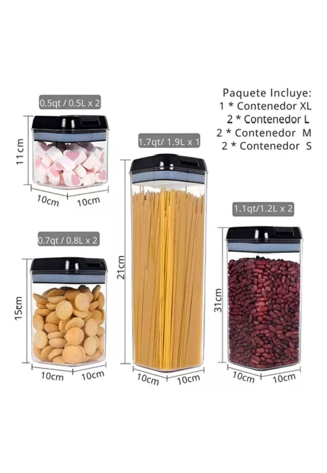Set de 7 contenedores herméticos de plástico, cocina y despensa, color negro-2