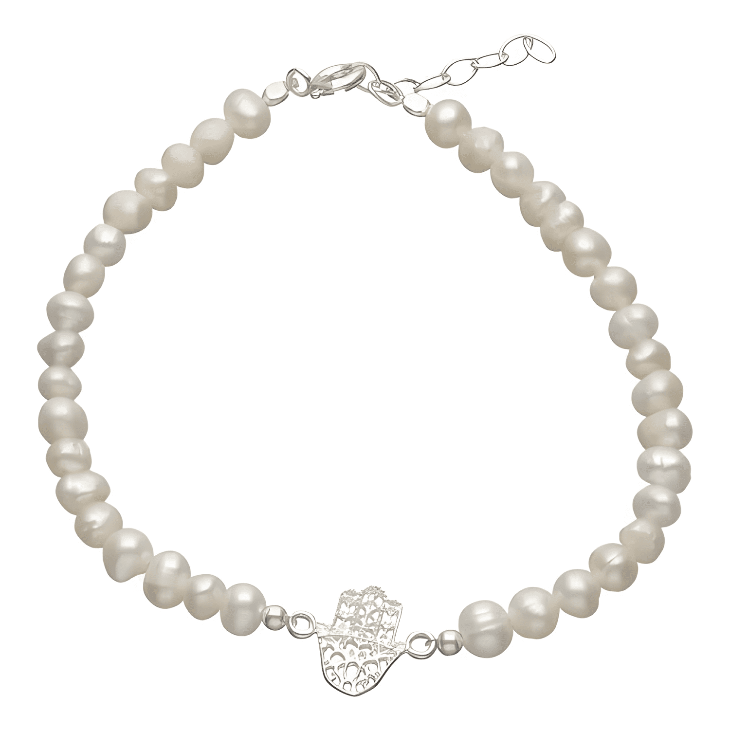 Pulsera plata 925 mano de fátima perlas de rio natural mujer-0